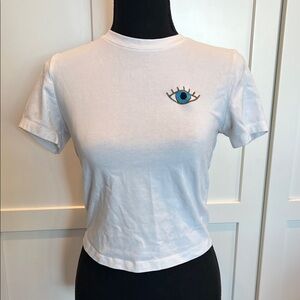 Forever 21 White Tee with Blue Eye Embroidery S